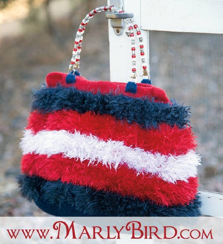 Firecracker felted crochet bag in red, white, and blue with rhinestone beaded handle — free pattern by Marly Bird
