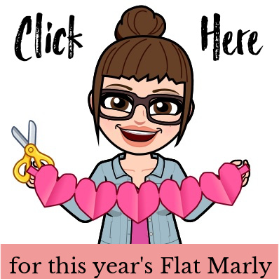 Flat Marly 2023 - printable Bitmoji of Marly Bird wearing pink top and jean jacket, holding paper heart string and scissors.