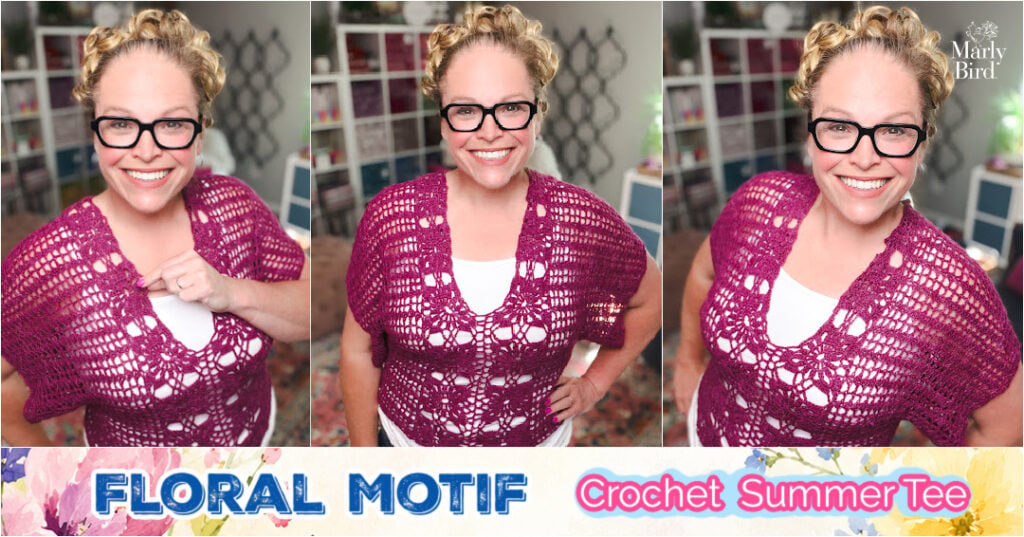Marly Bird modeling the free crochet Floral Motif Tee pattern in size S/M with negative ease — size-inclusive summer sweater