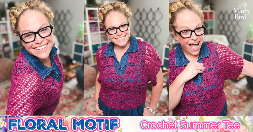 Free crochet Floral Motif Tee pattern by Marly Bird — purple lacy summer sweater worn over a denim jumper, three poses