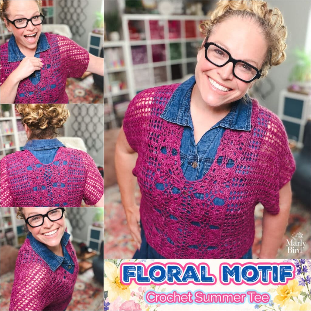 Woman models a pink crochet floral tee layered over a denim shirt, showing stitch detail in a bright, cozy room.