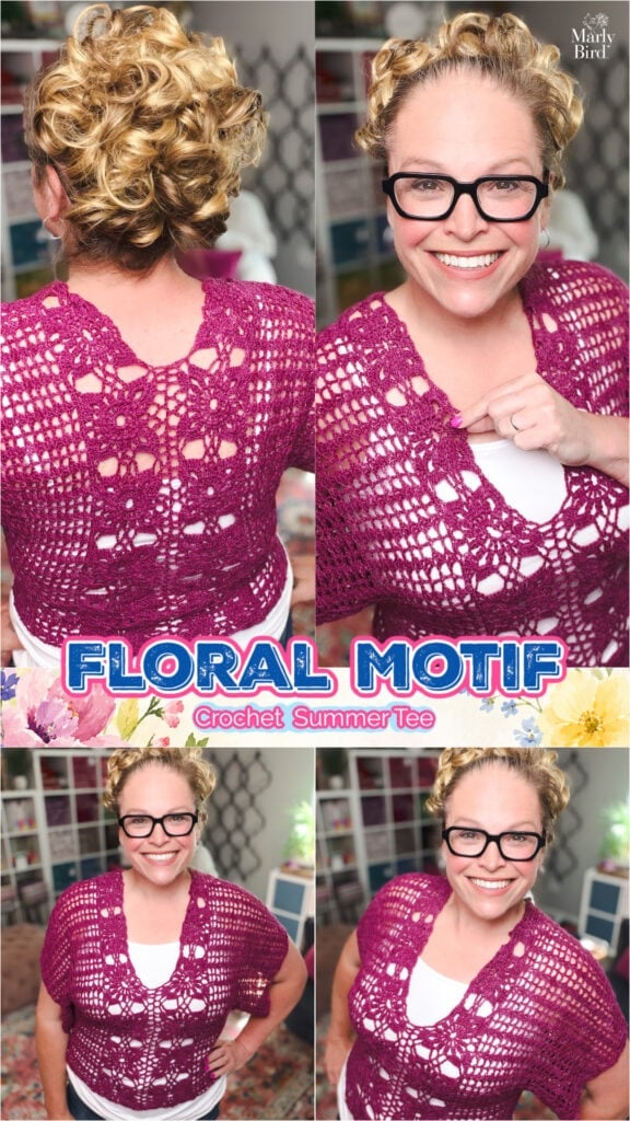 Free crochet floral motif tee pattern — front and back views of the lacy purple summer crochet sweater by Marly Bird