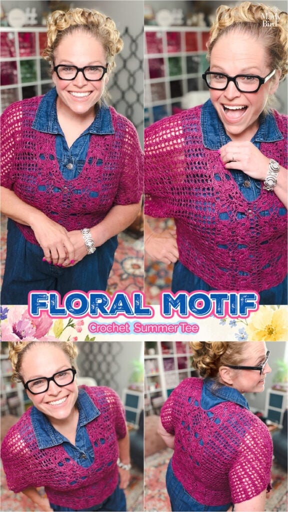 Free crochet floral motif tee pattern in purple — Pinterest pin showing the size-inclusive lacy summer sweater