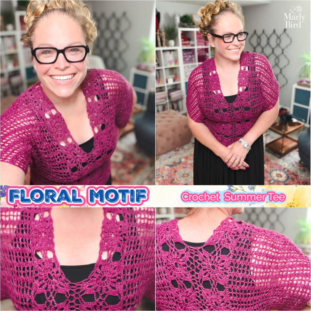 Free crochet floral motif tee pattern in purple — close-up of the joined floral motif stitches and texture