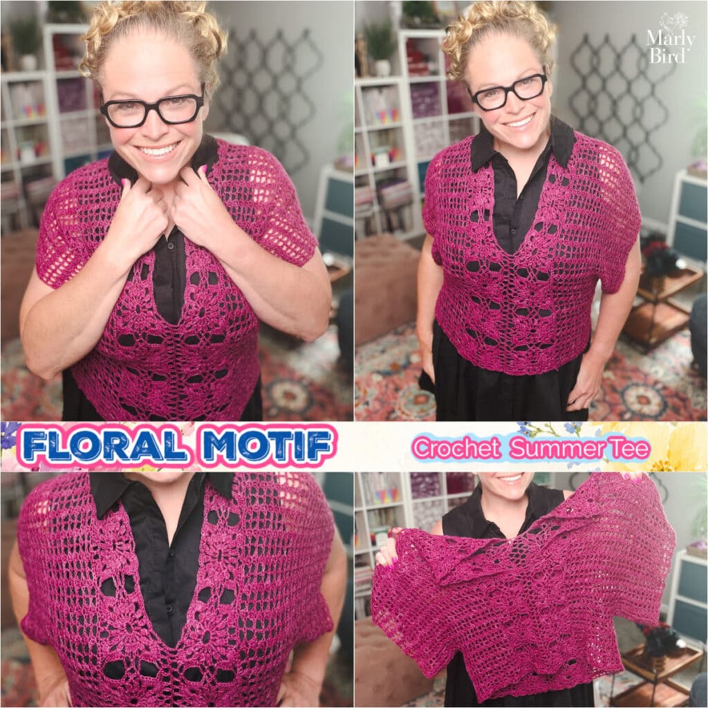 Pink crochet floral motif tee free pattern — four views showing the size-inclusive lacy summer sweater and stitch detail