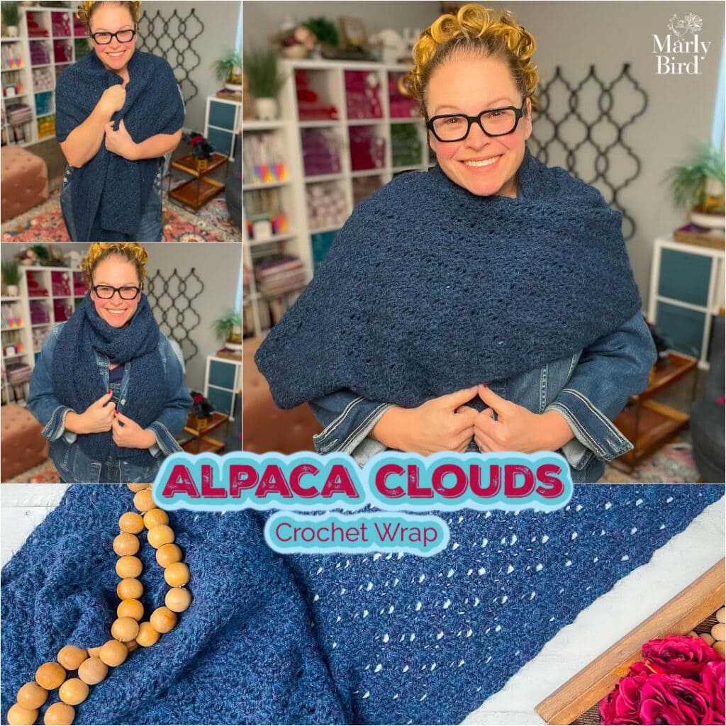 A woman wears a dark blue crochet wrap with visible textured stitches; close-ups highlight detail, beads, and yarn in a craft room.