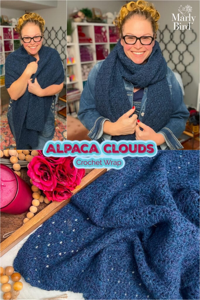 Woman models a blue crochet wrap with visible stitch detail; close-up highlights textured pattern and soft yarn. Flowers shown nearby.