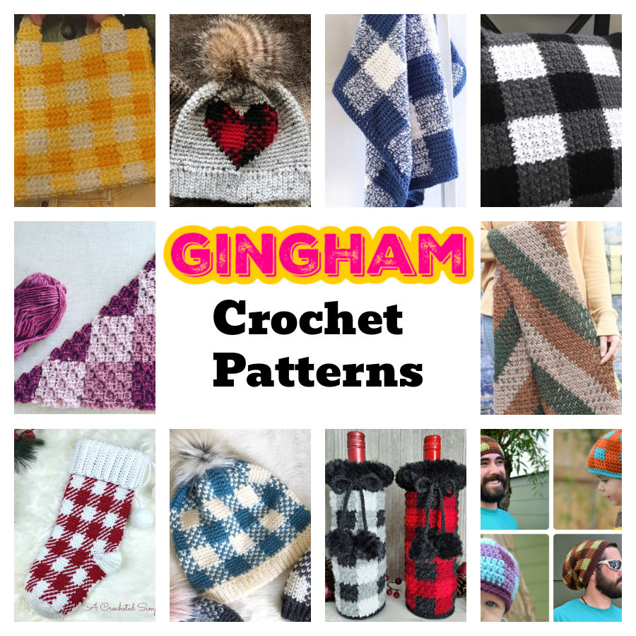 10 Gingham Crochet Pattern images - bag, hat, blankets, Christmas sticking, bottle cozies, family of hats. Marly Bird