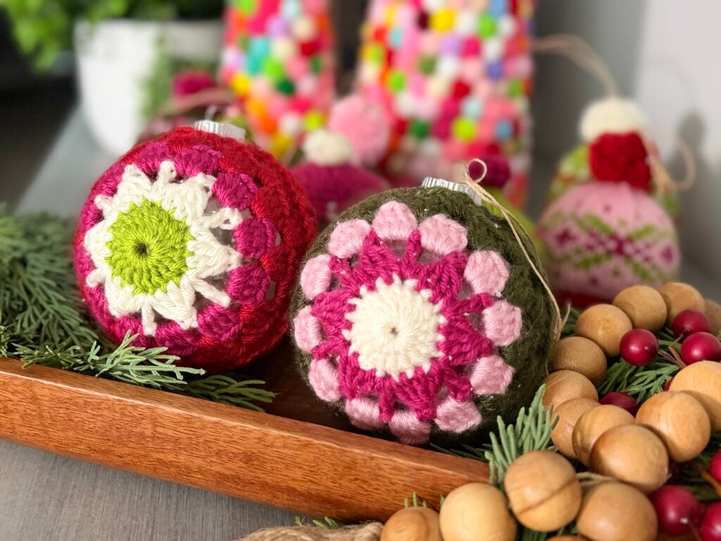 Candy Pop Crochet Ornament — modern hexagon motif in holiday colors