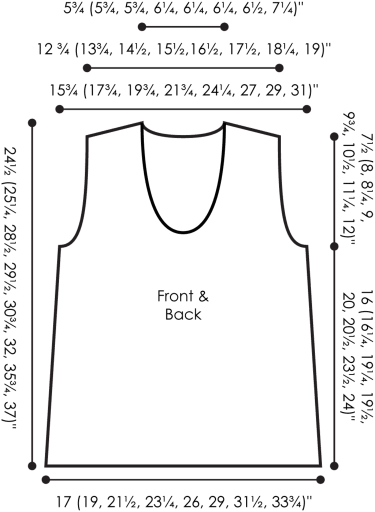 Line drawing of a sleeveless A-Line Tunic with measurements along the edges and around neck and armholes for various sizes. The labels read "Front & Back" in the center, perfect for following a Knit Tunic Pattern by Marly Bird. -Marly Bird