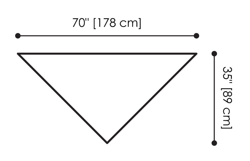 Triangle shawl diagram showing a 70" (178 cm) wide base and 35" (89 cm) height, for knit shawl pattern planning.