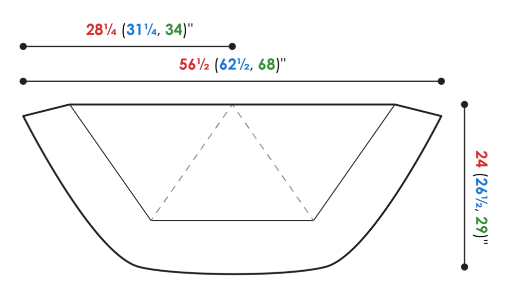 Diagram of the Blood of My Blood knit shawl shape, showing top, side, and height measurements for sizing.