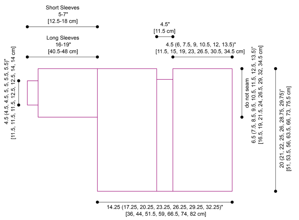 Diagram of a crochet cardigan with labeled sleeve and body measurements, showing size options for short and long sleeves.