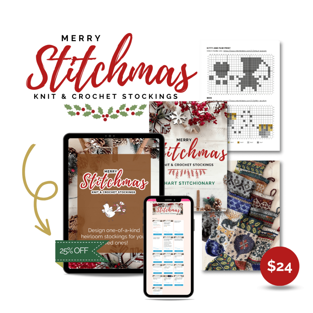 Digital devices show the “Merry Stitchmas” pattern book, charts, knit and crochet stockings, and toe-up sock project.