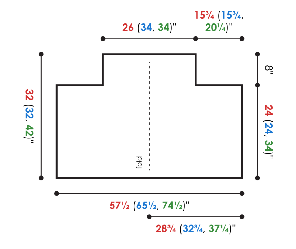 Diagram of a Woobie Poncho with precise inch measurements and center fold line, showing shape for knitting construction.