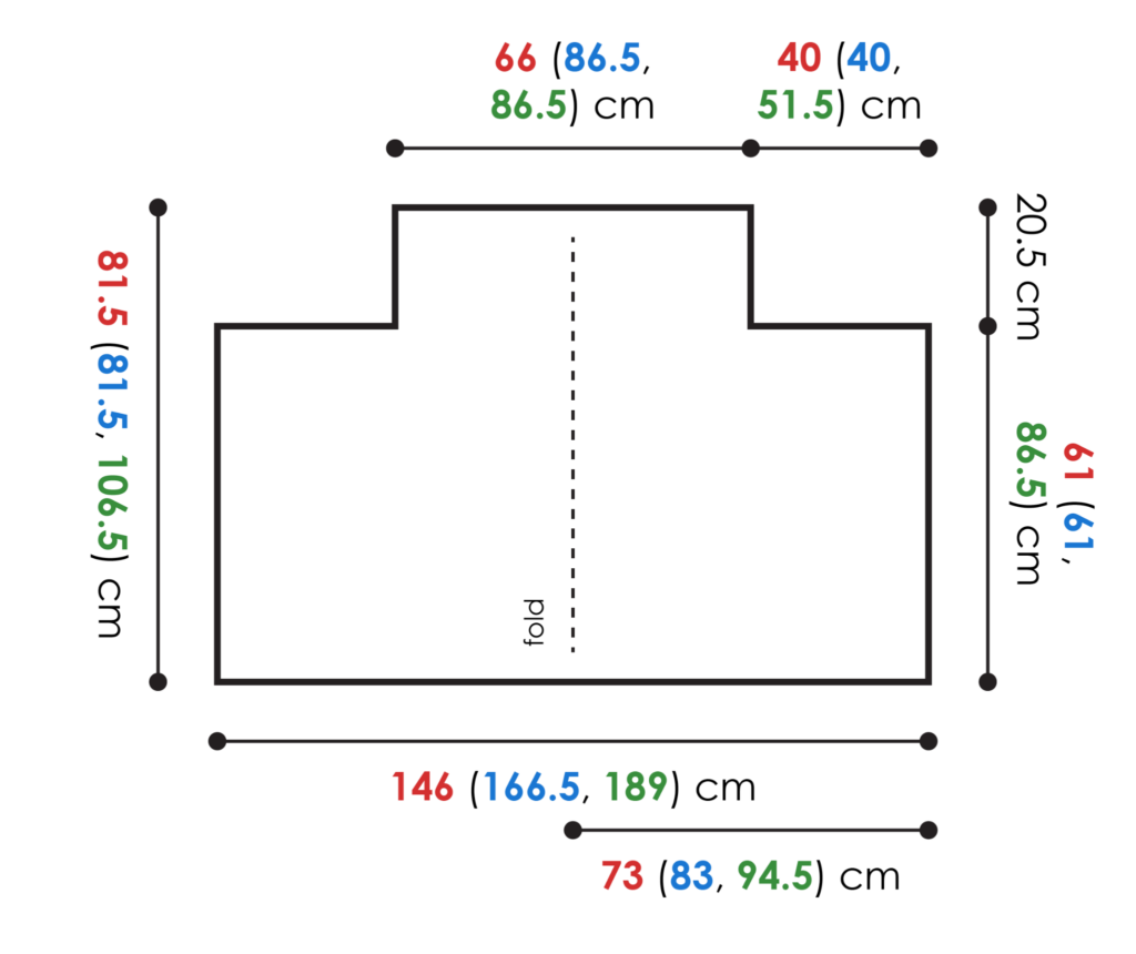Poncho diagram with colored size measurements in centimeters and a dashed center fold line for knitting project guidance.