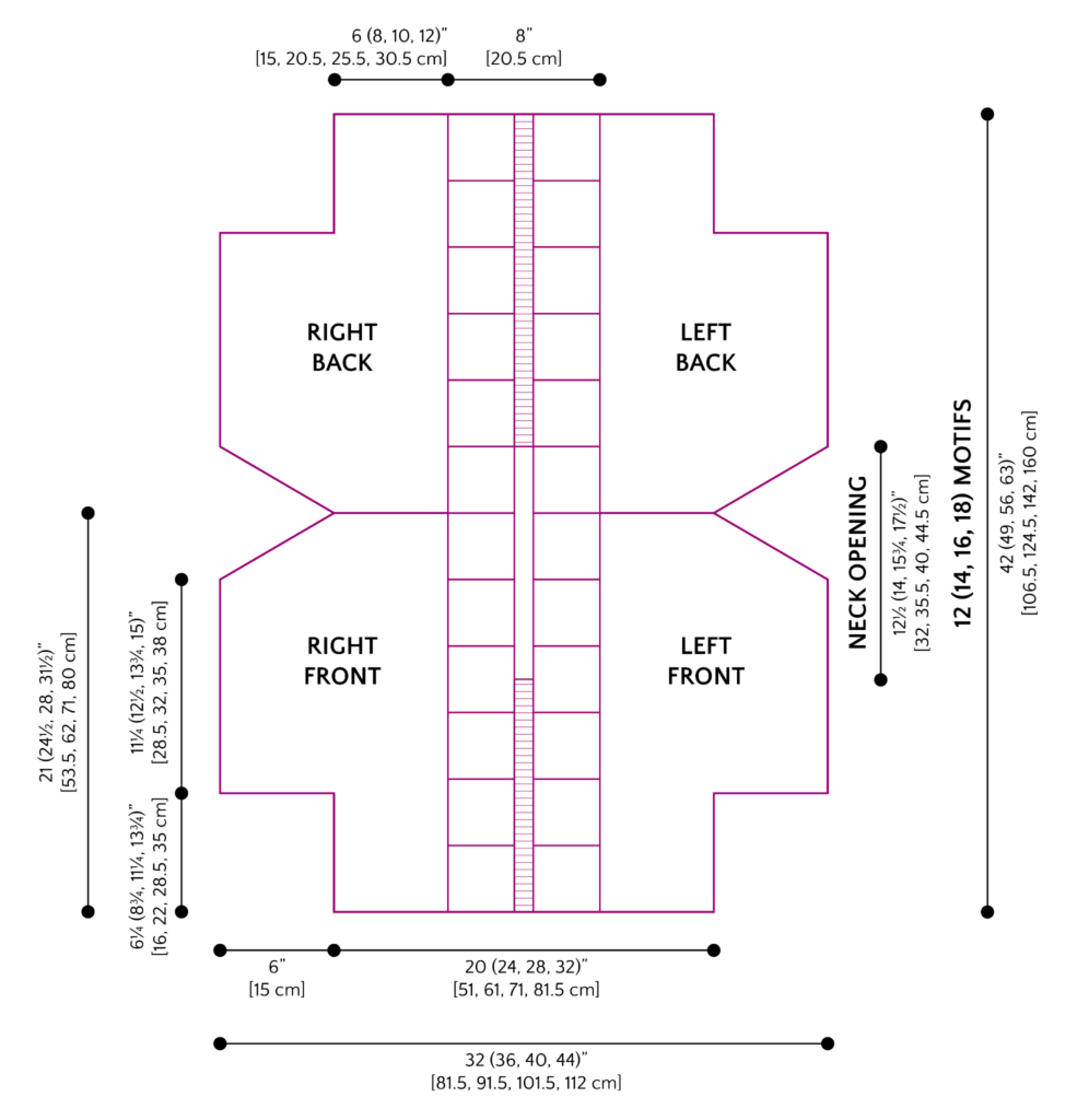 Schematic diagram for the free crochet floral motif tee pattern showing finished measurements for sizes S/M through 4X/5X