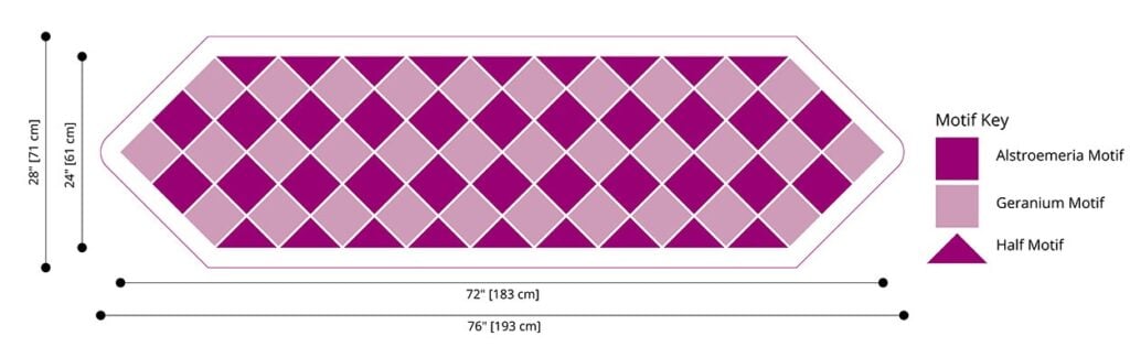A geometric table runner pattern with alternating diamond shapes in two shades of pink and purple, inspired by Crochet Motif Shawl Pattern styles. Features "Alstroemeria Motif," "Geranium Motif," and triangle "Half Motif" ends. Measures 72"x24" (183x61 cm). -Marly Bird