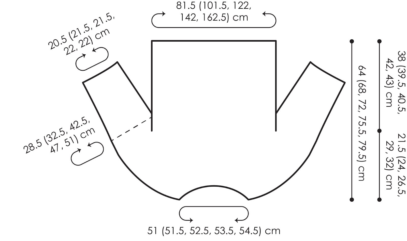 Line drawing of a Knit Yoke Sweater Pattern with various vertical, horizontal, and diagonal measurements labeled in centimeters, indicating different sizes for the garment’s width, length, and sleeve dimensions. -Marly Bird
