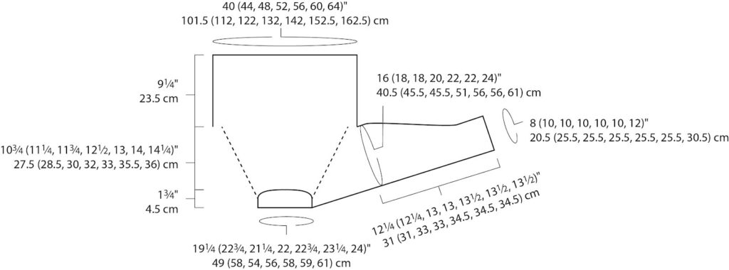 Detailed sweater pattern diagram with sleeve, body, and neckline measurements in cm and inches for multiple cropped sizes.