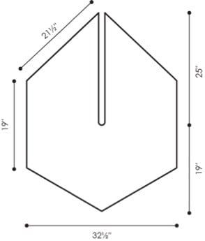 Hexagon shawl with a vertical top slit, features geometric shaping and detailed dimension lines for accurate crafting.