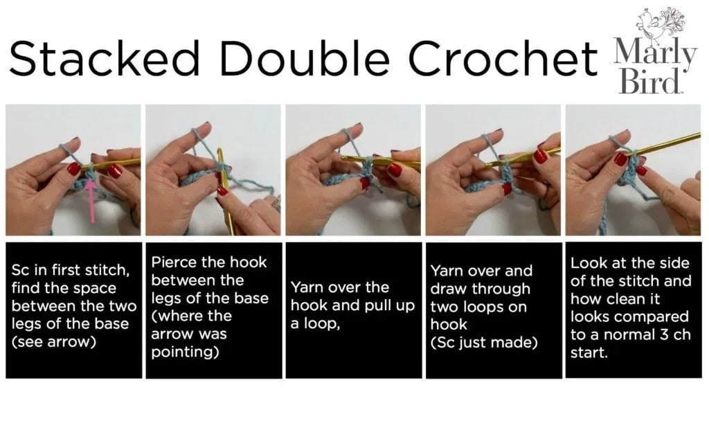 Close-up of hands demonstrating a stacked double crochet stitch, highlighting textured rows of Tunisian crochet.