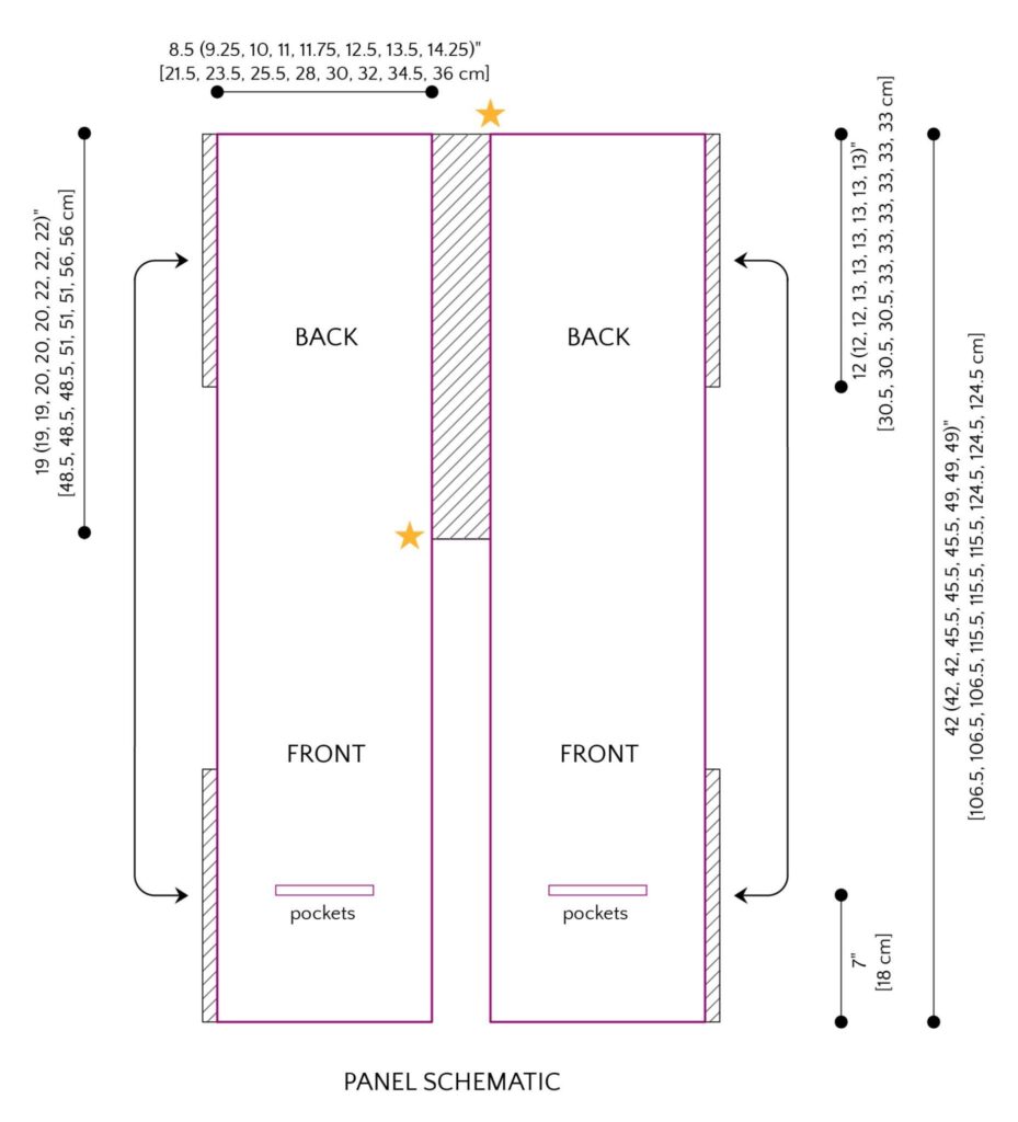 Sookie Crochet Cardigan schematic showing panel construction — two rectangular front and back panels with optional pockets for the free crochet cardigan pattern
