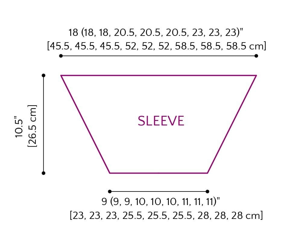 Sookie Crochet Cardigan sleeve schematic showing tapered trapezoidal sleeve shape with finished width and height measurements