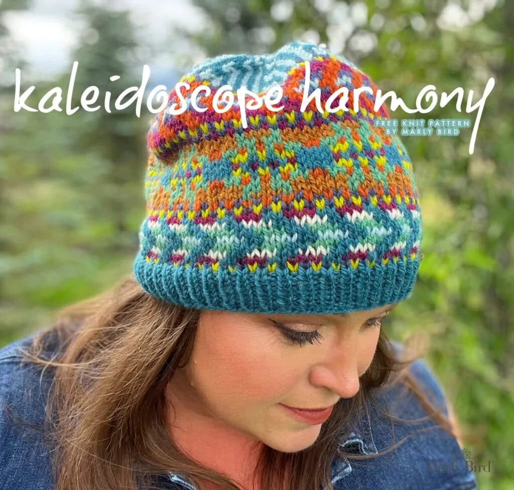 Colorful hand-knit Tunisian crochet hat with intricate stitches, shown worn outdoors; "kaleidoscope harmony" at top.