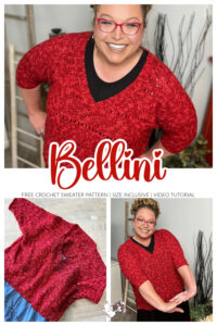 Woman with glasses models a red crocheted sweater. Below are two images: one shows the sweater laid flat, the other shows her smiling and wearing it. Text reads "Bellini: Free Crochet Sweater Pattern from our free knitting and crochet patterns. -Marly Bird