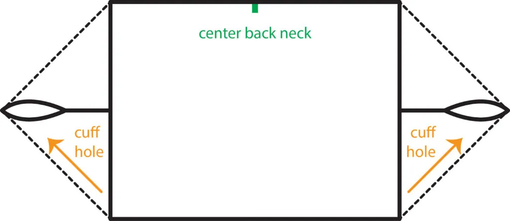 Diagram of a rectangular fabric for a Crochet Cocoon Cardigan, featuring a center back neck mark at the top and two cuff holes labeled on the left and right sides, indicated by arrows and dashed lines. -Marly Bird