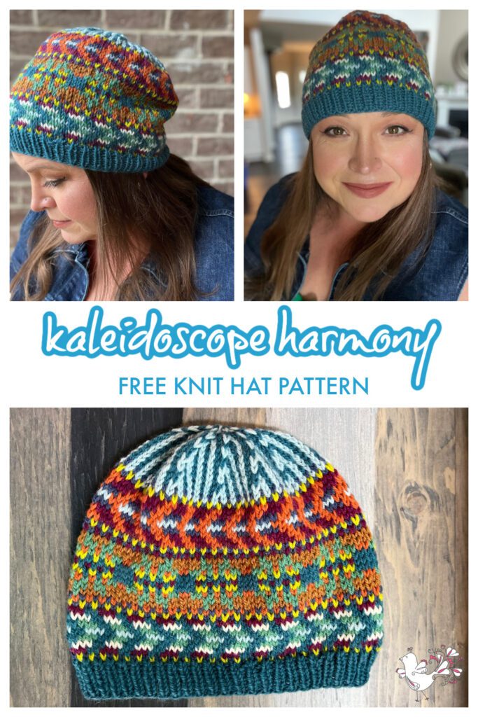 The image features a collage of three photos showcasing a hand-knit hat with a detailed colorwork pattern. At the top, two side-by-side photos depict a person wearing the hat, one showing a profile view and the other a front view, highlighting the hat's fit and design. The bottom photo provides a close-up of the hat laid flat, displaying the intricacy of the colorwork. Above the images, the text "kaleidoscope harmony" is written in a playful, cursive font, followed by "FREE KNIT HAT PATTERN" in capital letters, indicating that the pattern is available at no cost. The design of the hat features a rich array of colors, woven into a complex pattern reminiscent of a kaleidoscope, with a solid color ribbed band at the bottom. The overall presentation suggests that this is promotional material for the free pattern of the "Kaleidoscope Harmony" knit hat by Marly Bird.