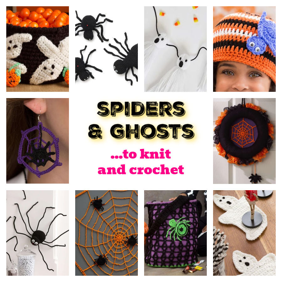 Spiders and ghosts Halloween knit and crochet patterns - 10 images - free Halloween decorations and costumes. Spiders and ghost patterns including bowl, spiders, hat, earrings, wreath, wall decor, coasters, and more. Marly Bird
