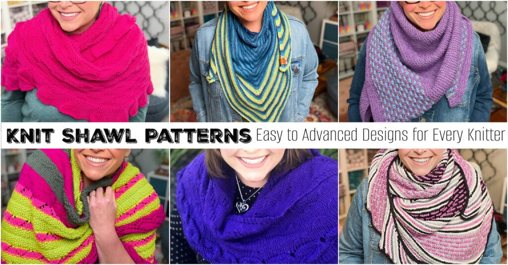 Six knit shawls in vibrant colors, each with different stitch patterns, modeled by smiling people. Text overlay at center.