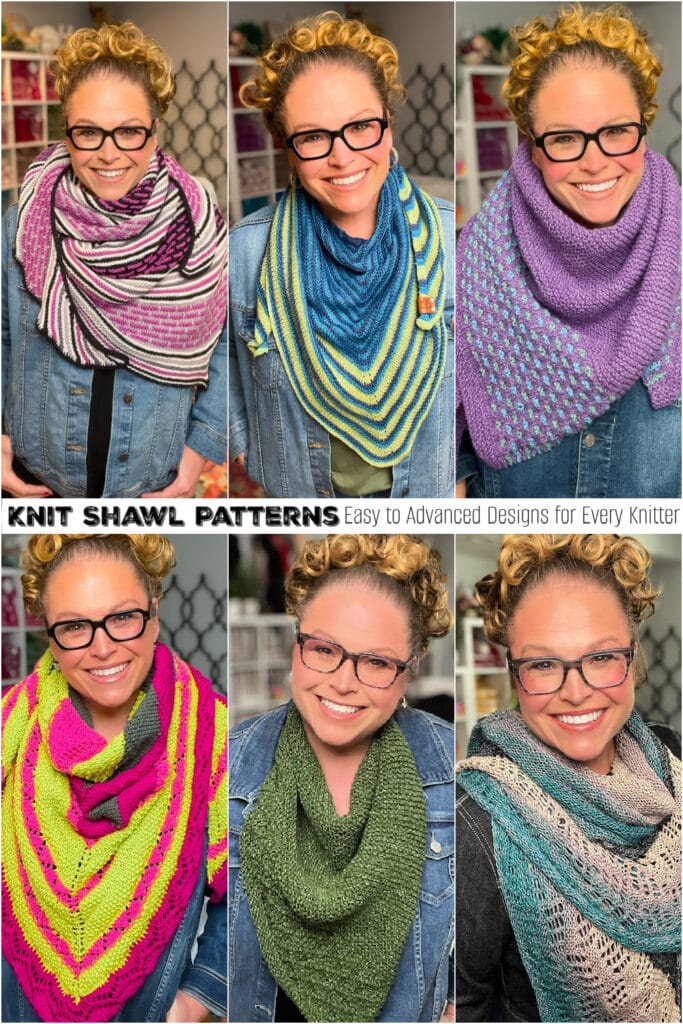 Woman wearing six different knit shawls, each with colorful patterns and textures, displayed in a grid arrangement.