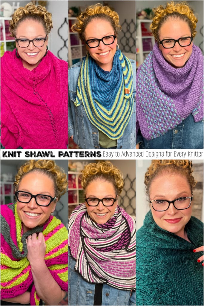 Woman with glasses wears six vibrant knit shawls, each showcasing different stitch patterns and textures.