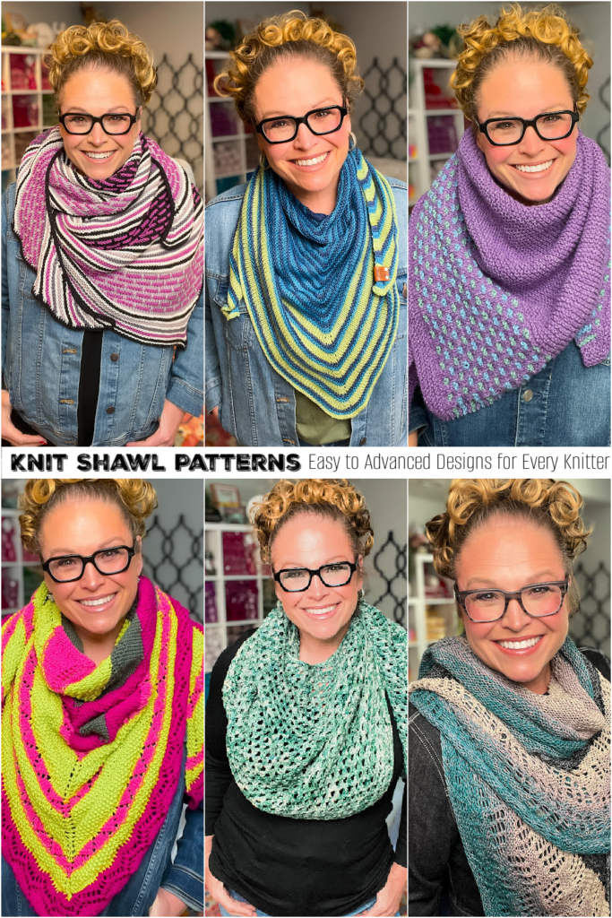 A woman with curly hair and glasses displays six colorful knit shawls, showing various stitch patterns and textures.