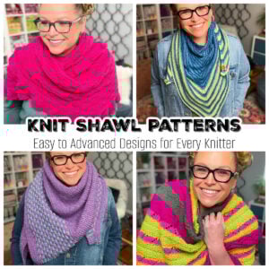 Woman wears four distinct knit shawls, showcasing garter tab triangle and textured stitch patterns in vibrant colors.