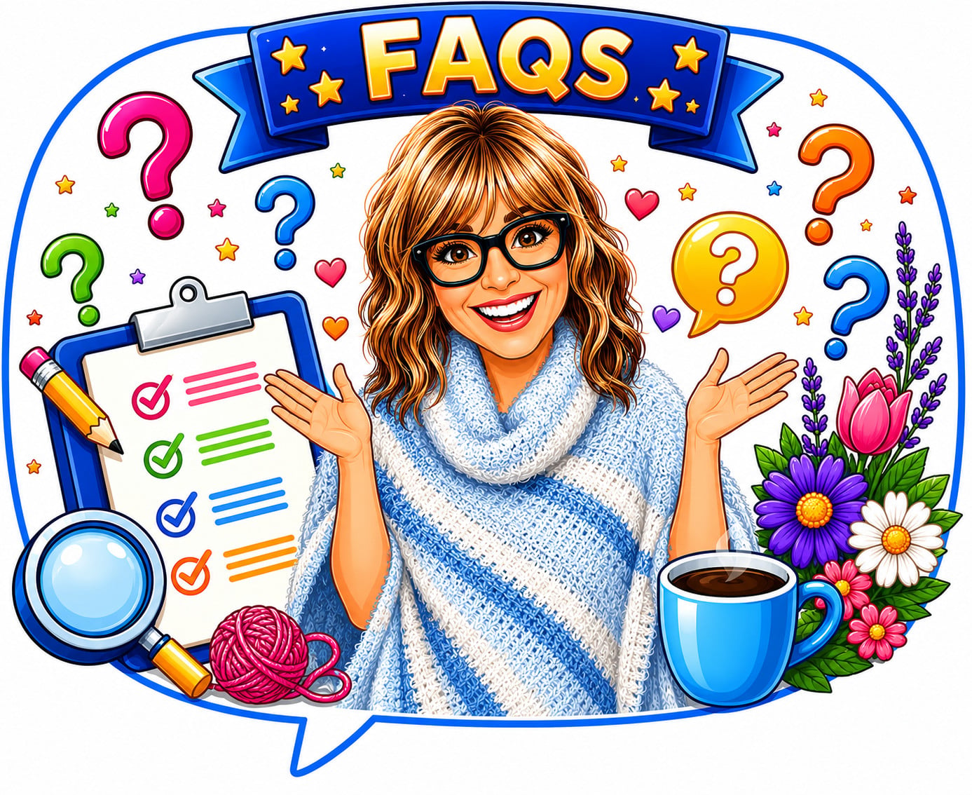 A woman wears a Woobie Poncho, with visible knit texture, surrounded by yarn, coffee, checklist, and crafting details.