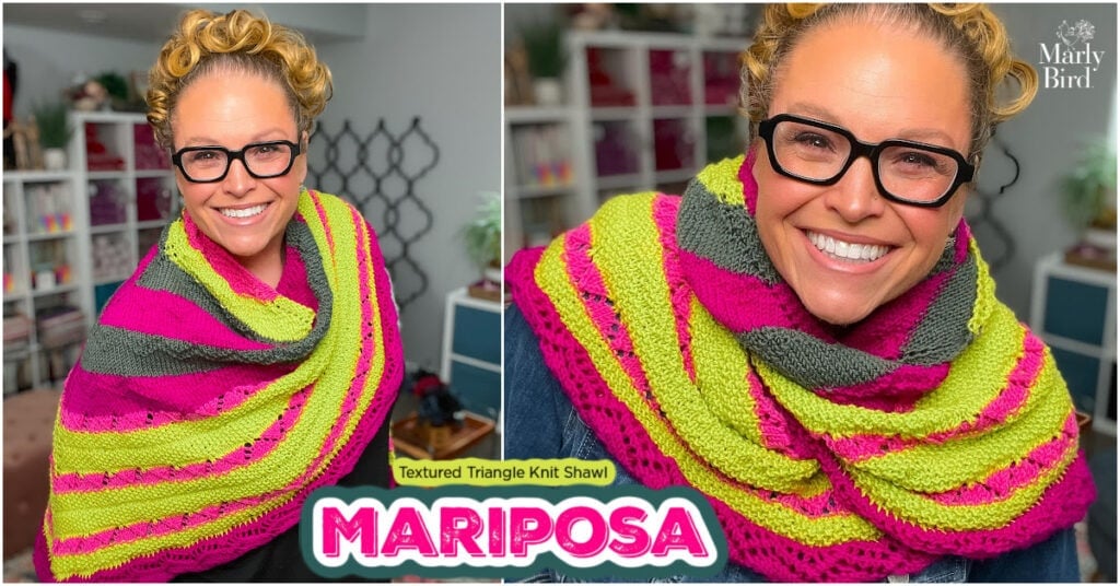 Woman models a vibrant textured knit shawl in magenta, lime green, and gray; yarn shelves visible in the background.