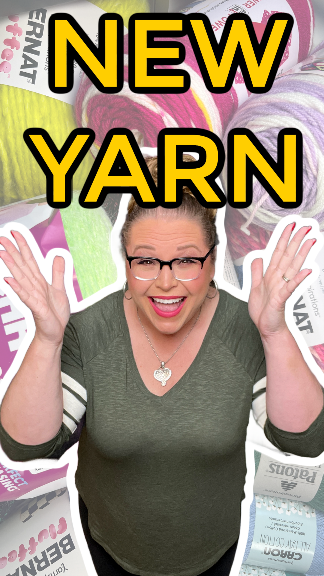 A smiling person wearing glasses and a green shirt stands with hands raised in excitement. Behind them are colorful skeins of yarn in vibrant hues like pink, yellow, and purple. Bold text at the top announces "NEW YARN FOR FALL 2024," inspired by Yarnspirations. -Marly Bird