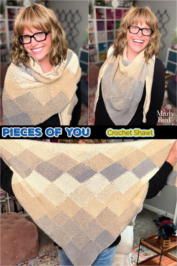 Beige, cream, and gray checkered crochet entrelac shawl draped over shoulders; stitch pattern and texture are clearly shown.