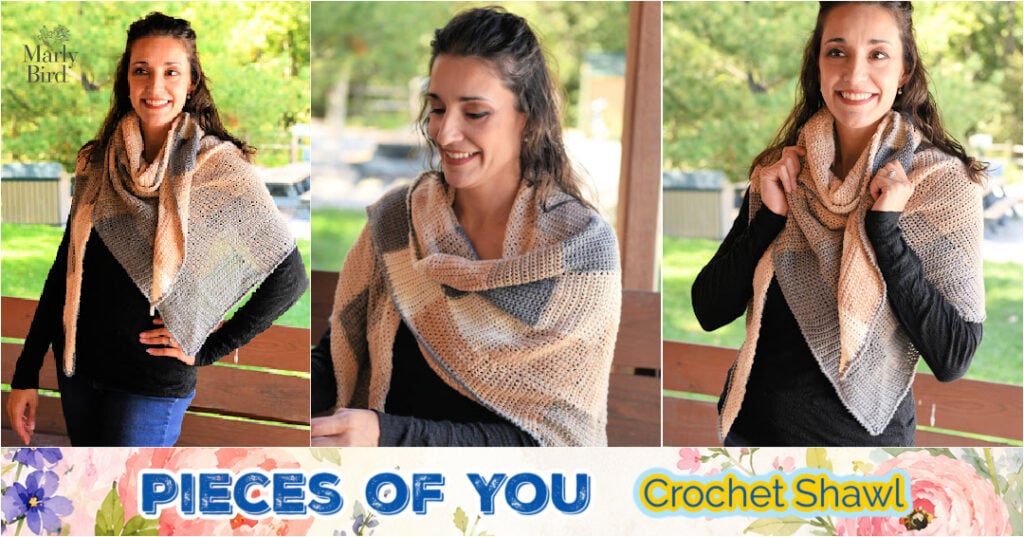 A woman models a striped beige and gray crochet shawl with floral detailing along the hem; project: Pieces of You Shawl.