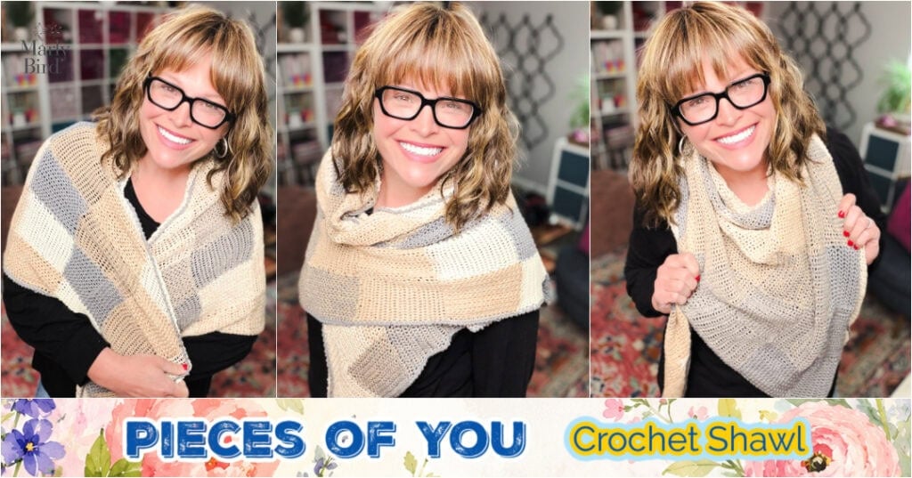 A woman wears a crochet entrelac wrap in beige, tan, and gray, showing its texture and drape; “Pieces of You Crochet Shawl” text below.