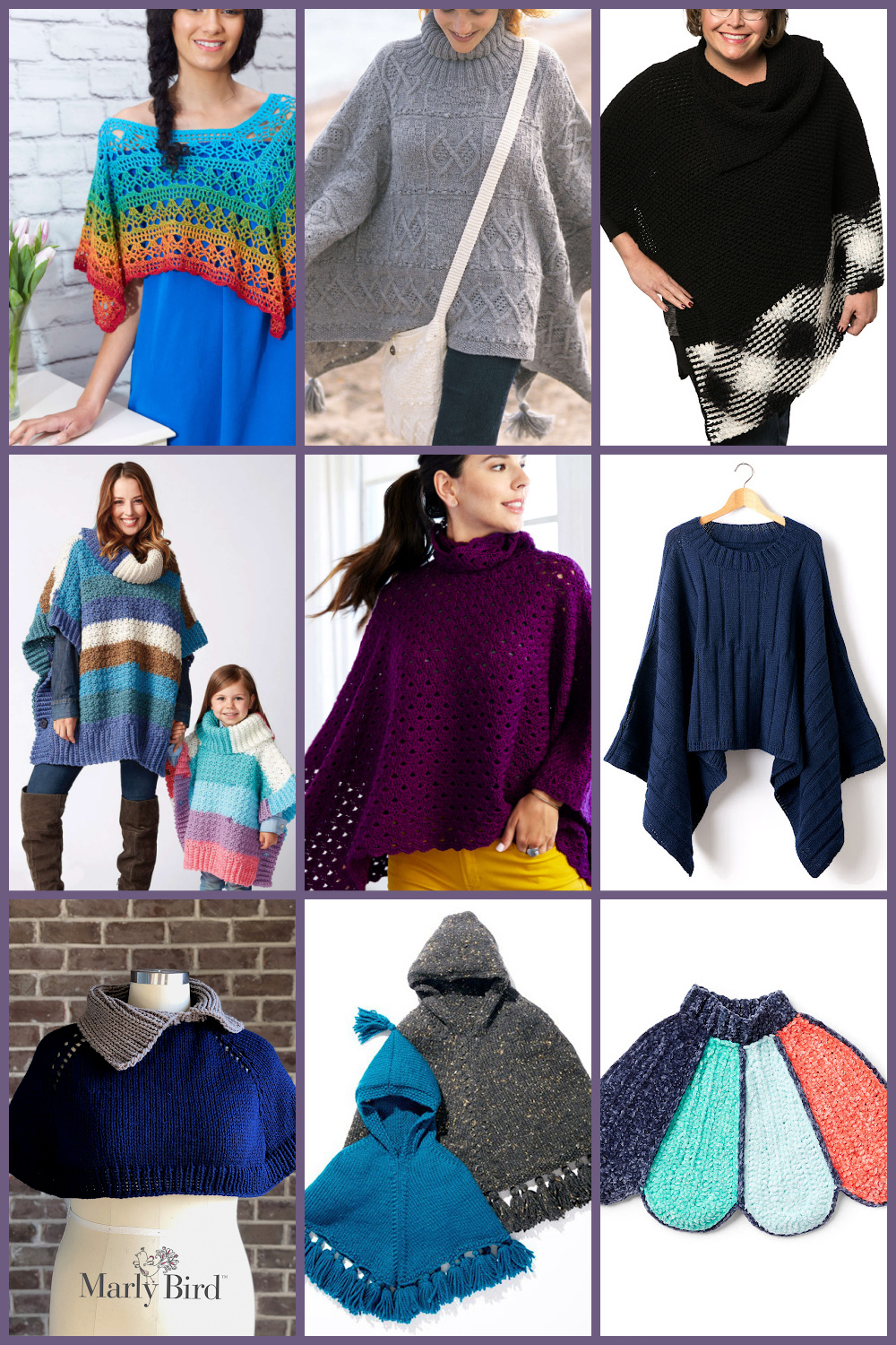 Cozy Knit Poncho Free Patterns - Easy Crochet Poncho Free patterns - Collage of patterns linked in blog post - Marly Bird