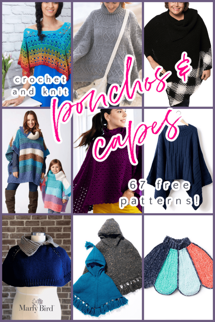 Cozy Knit Poncho Free Patterns - Easy Crochet Poncho Free patterns - Collage of patterns linked in blog post - Marly Bird