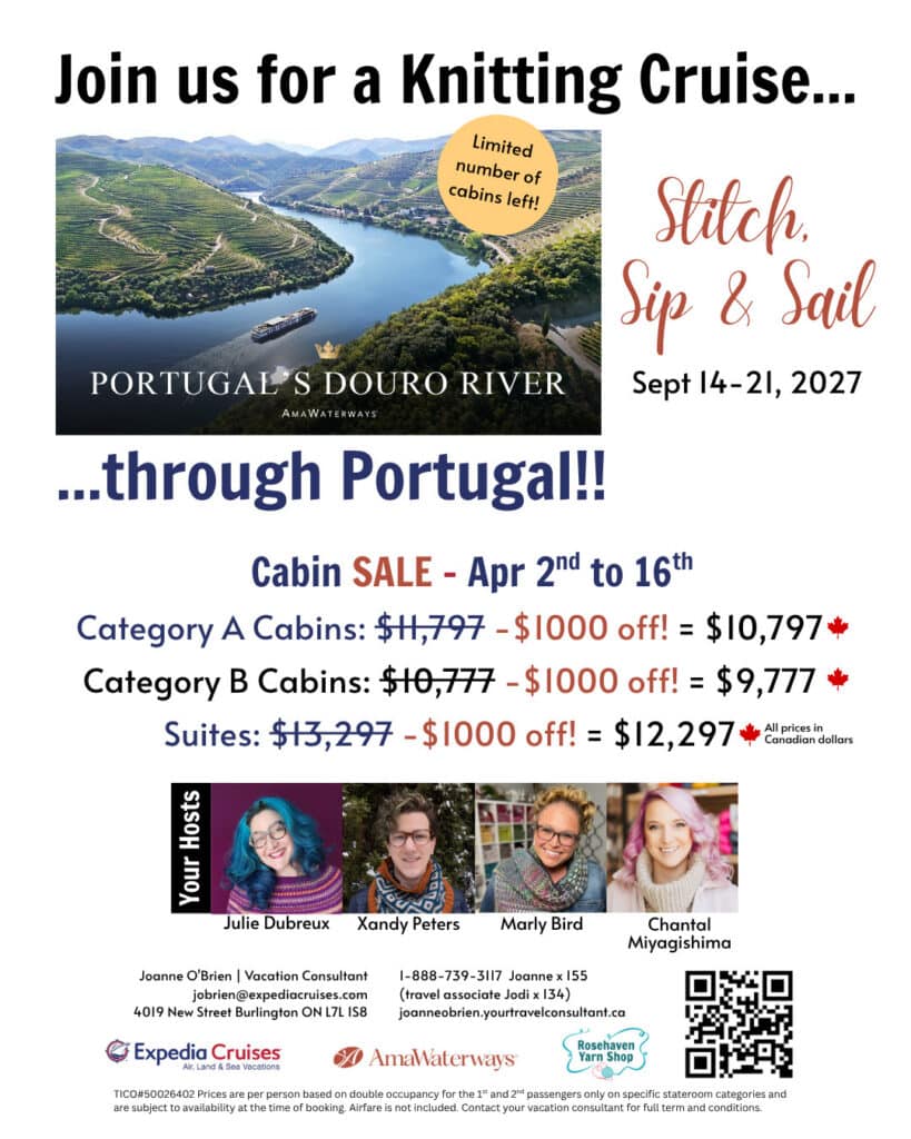 Flyer features yarn, knitting needles, and textured stitches, with cruise details along Portugal’s Douro River in September 2027.