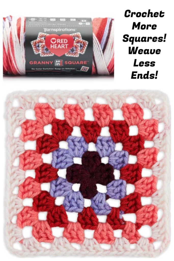 Package of color-pooling yarnspirations crochet yarn next to a completed crochet granny square in white, red, and purple hues. Text suggests additional crochet with less weaving. -Marly Bird