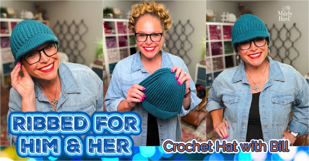 Marly Bird modeling the Ribbed for Him and Her teal crochet hat with bill in craft studio, free crochet messy bun hat pattern