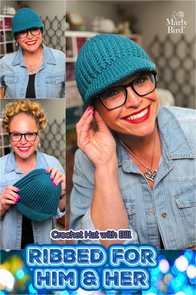 Marly Bird wearing the Ribbed for Him and Her teal ribbed crochet hat with bill, free crochet hat pattern by Marly Bird